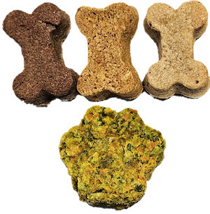 Multiple flavors of dog treats made from oat flour, beef, chicken, cheese, and peanuts